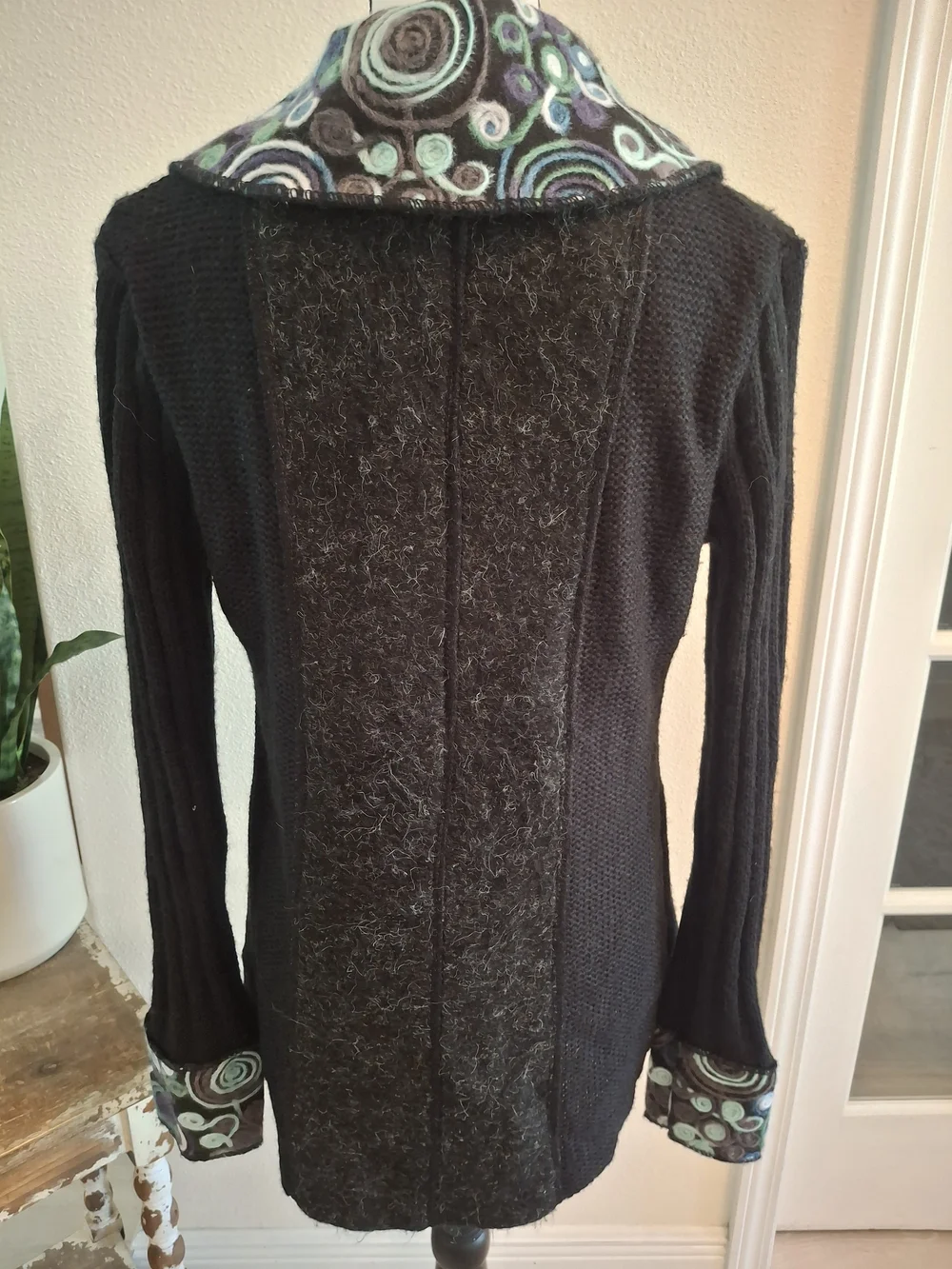 Sioni Black Knit Cardigan with Printed Collar and Cuff Accents